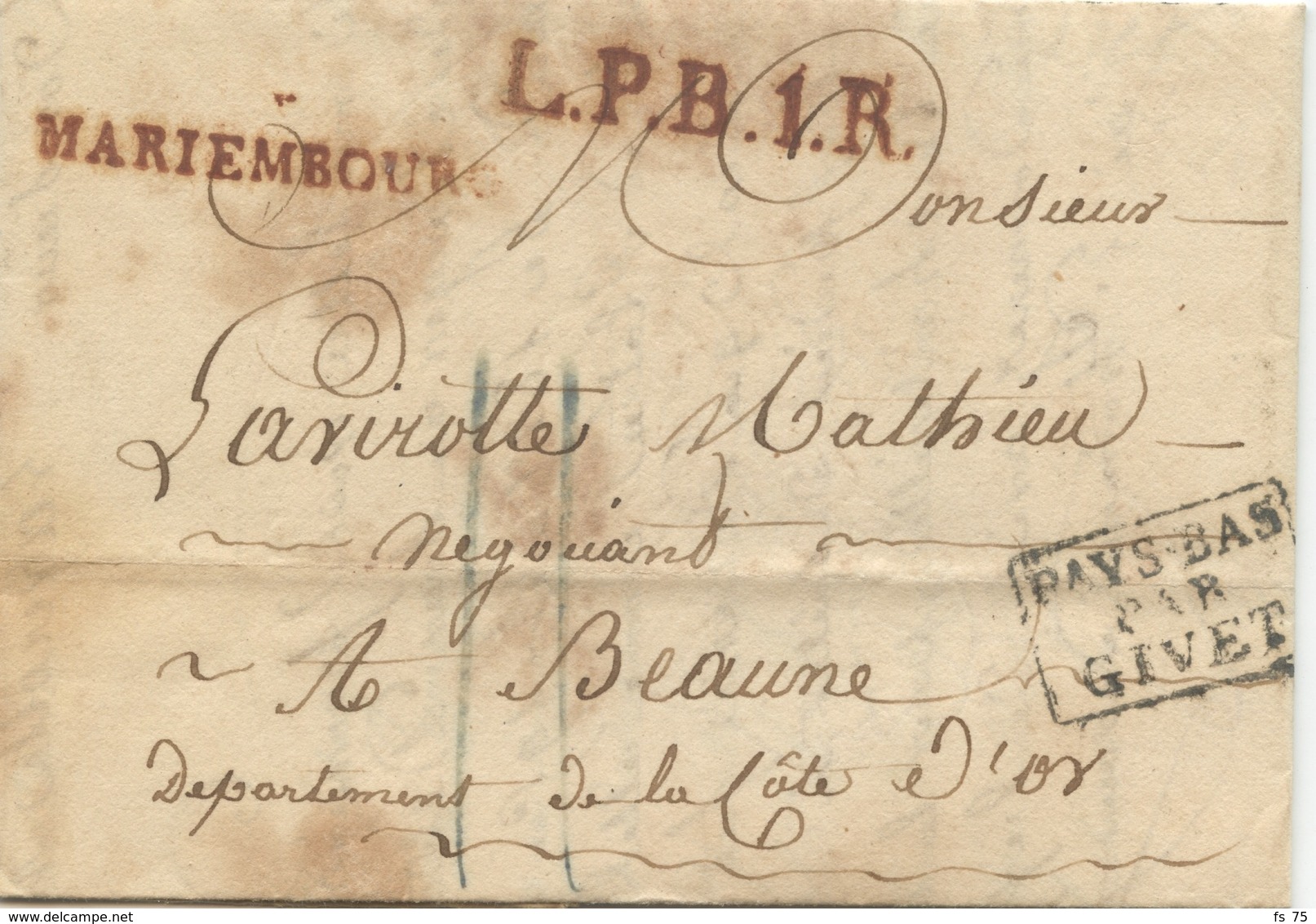 BELGIQUE - MARIEMBOURG ROUGE + L.P.B.1.R ROUGE + PAYS BAS PAR GIVET SUR LETTRE AVEC TEXTE POUR LA FRANCE, 1829 - 1815-1830 (Holländische Periode)