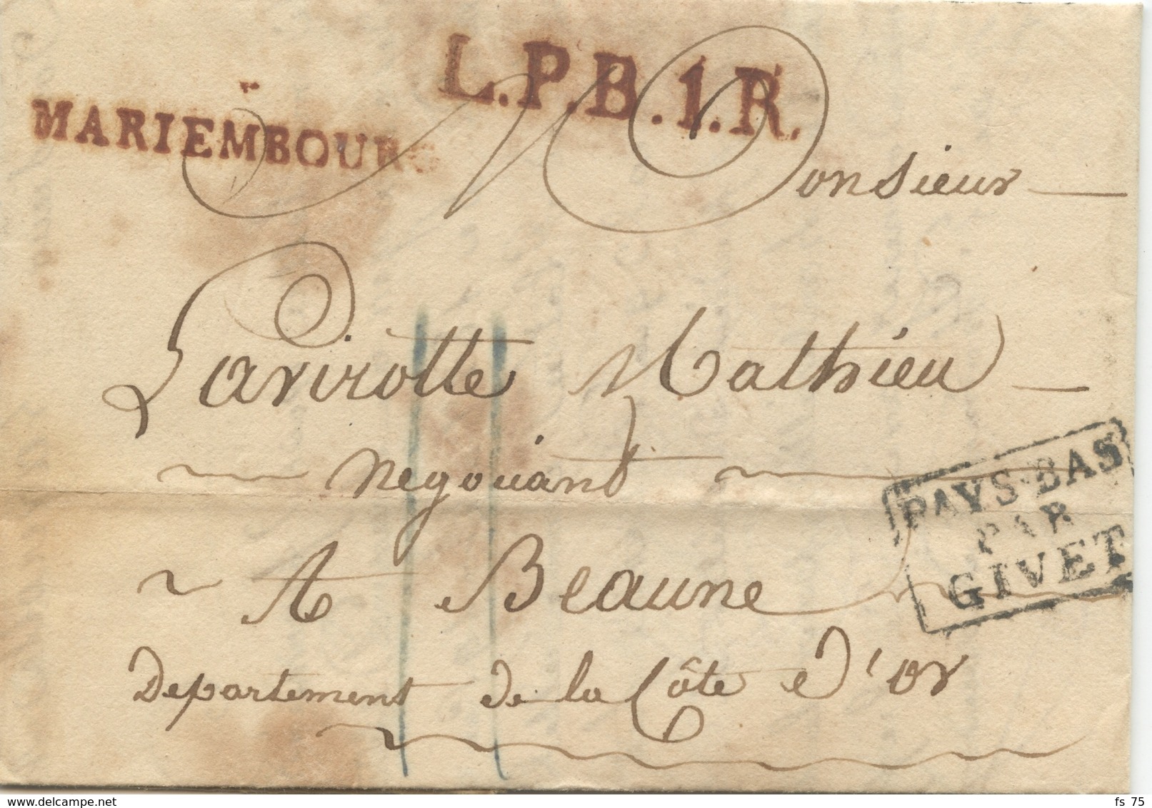 BELGIQUE - MARIEMBOURG ROUGE + L.P.B.1.R ROUGE + PAYS BAS PAR GIVET SUR LETTRE AVEC TEXTE POUR LA FRANCE, 1829 - 1815-1830 (Dutch Period)