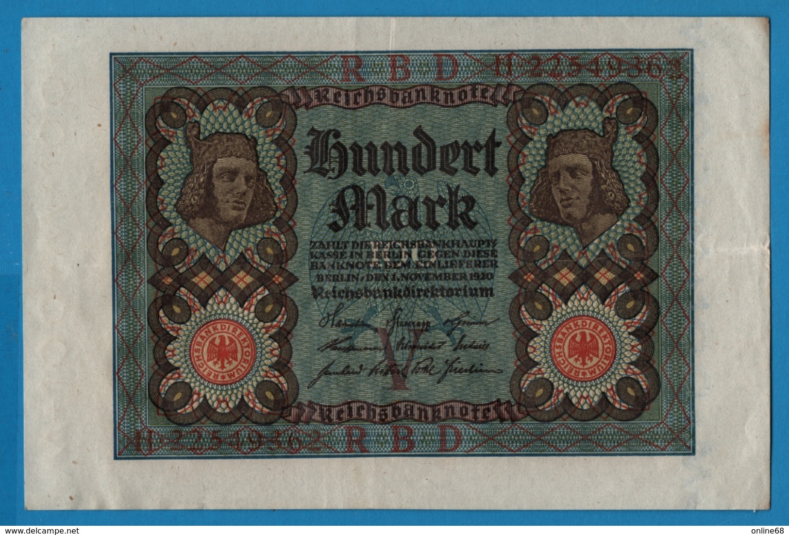 DEUTSCHES REICH 100 Mark  	01.11.1920 LETTER V	# H.22549362 P# 69b - 100 Mark