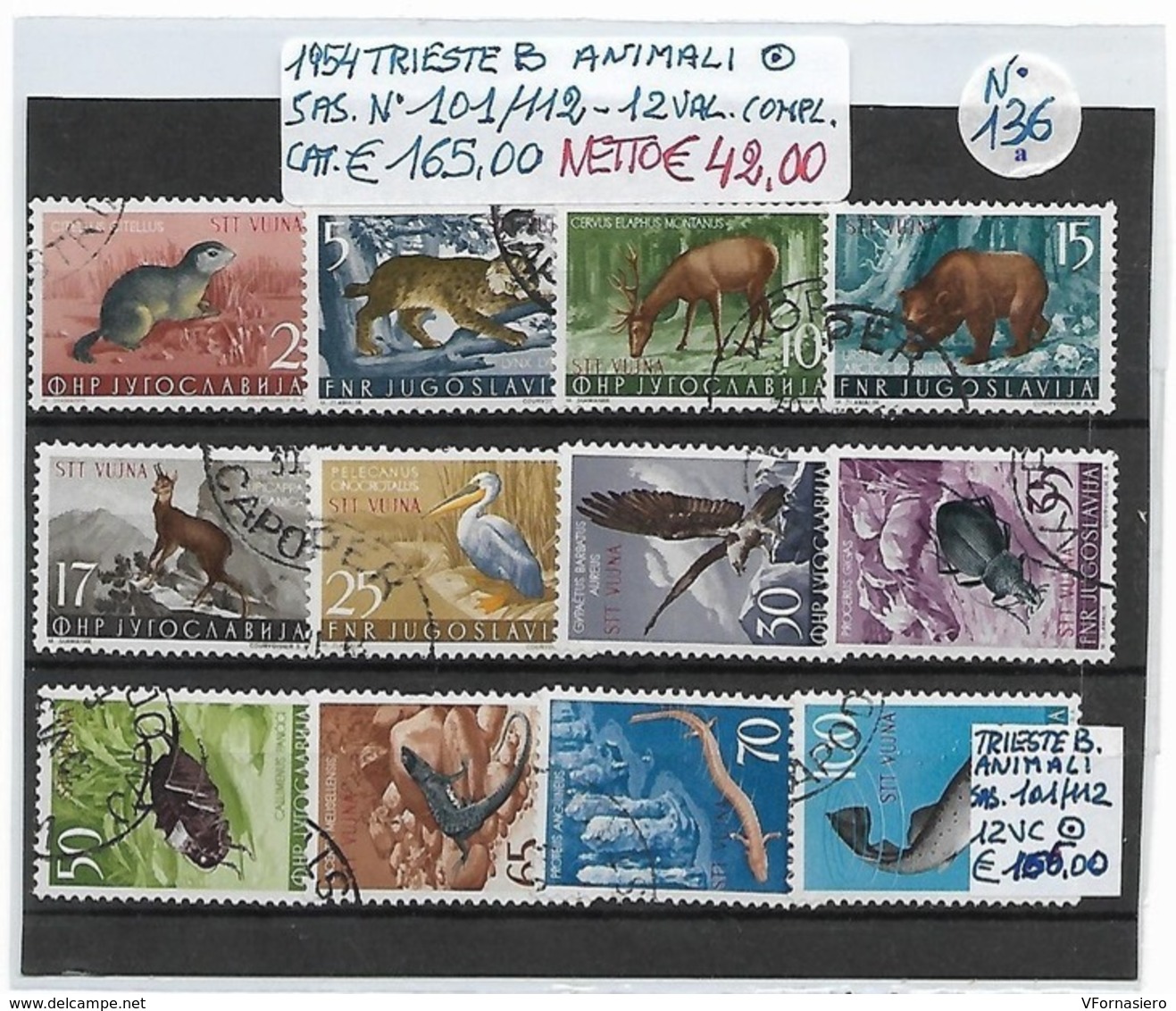 ITALIA ʘ 1954 TRIESTE Zona B - ANIMALI, SERIE COMPLETA 12 VALORI - Usados