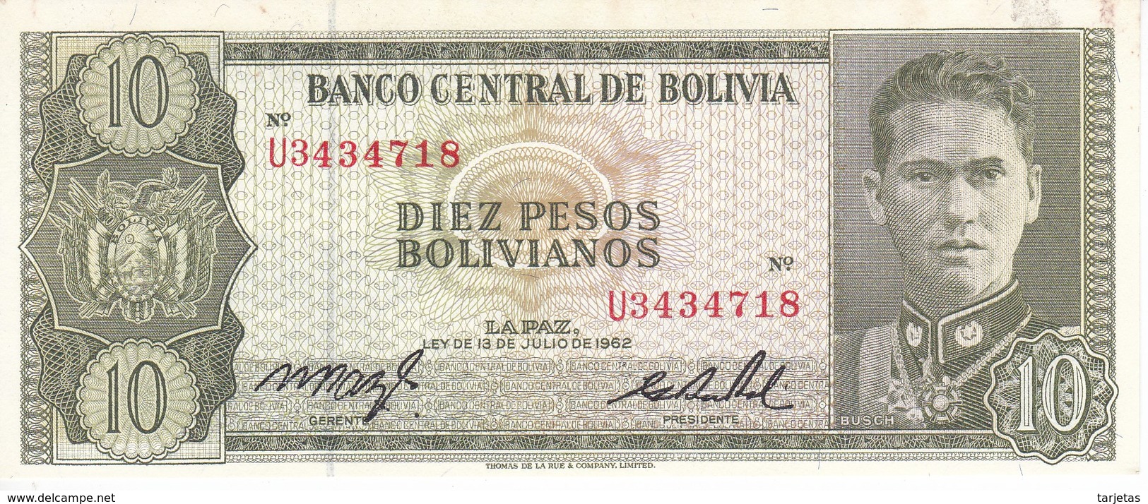 BILLETE DE BOLIVIA DE 10 BOLIVIANOS DEL AÑO 1962 SERIE U SIN CIRCULAR - UNCIRCULATED  (BANKNOTE) - Bolivie