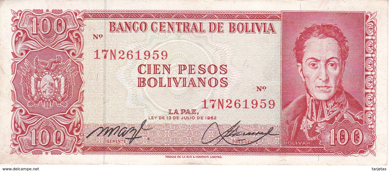 BILLETE DE BOLIVIA DE 100 BOLIVIANOS DEL AÑO 1962 NUMEROS ROJOS  (BANKNOTE) - Bolivia