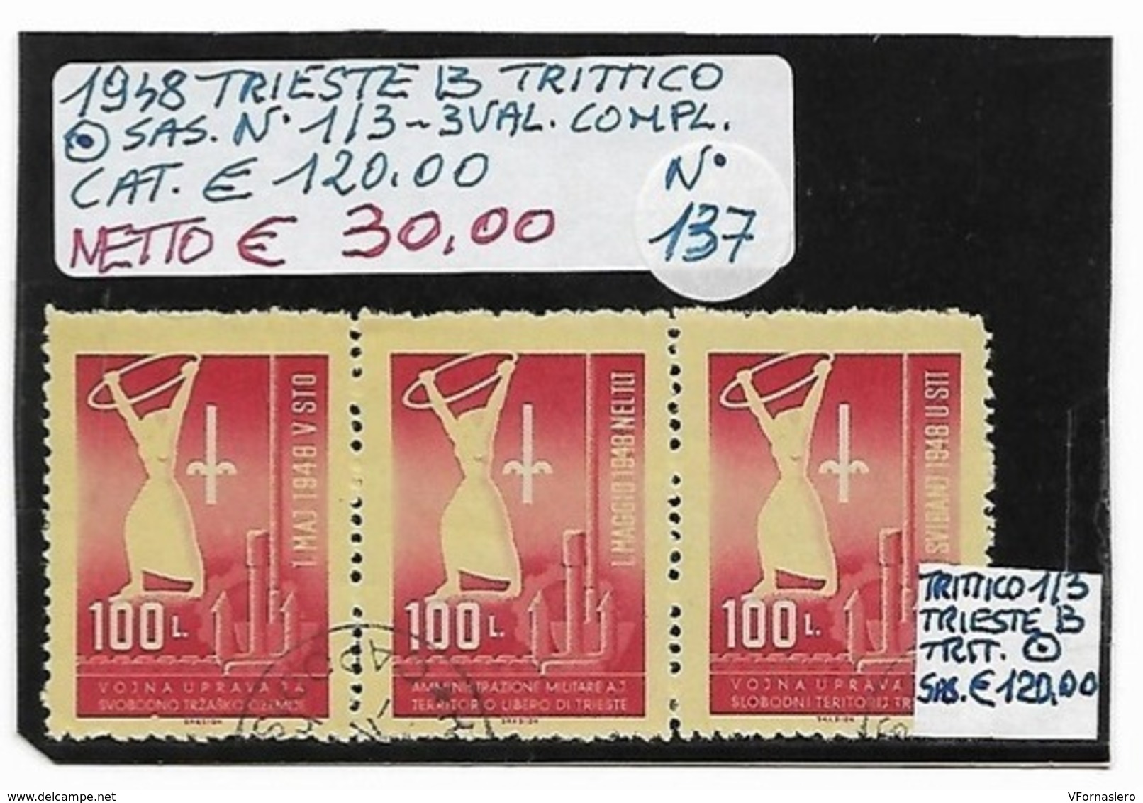 ITALIA ʘ 1954 TRIESTE Zona B - TRITTICO RICORRENZA I° MAGGIO - Gebraucht