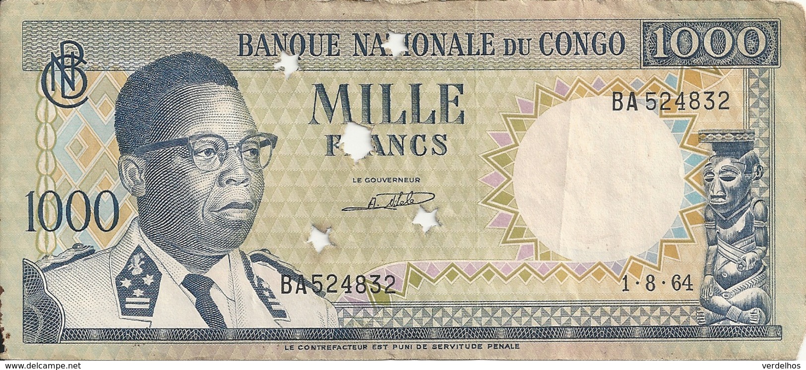 CONGO 1000 FRANCS 1964 VF BILLET PERFORE P 8 - Non Classés