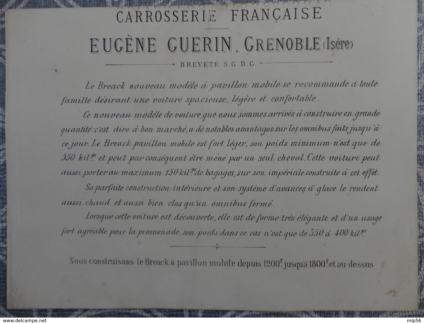 CATALOGUE CARTE DE VISITE VOITURE A CHEVAL CARROSSERIE FRANCAISE EUGENE GUERIN RUE DU GAZ GRENOBLE  1872 - 1800 – 1899