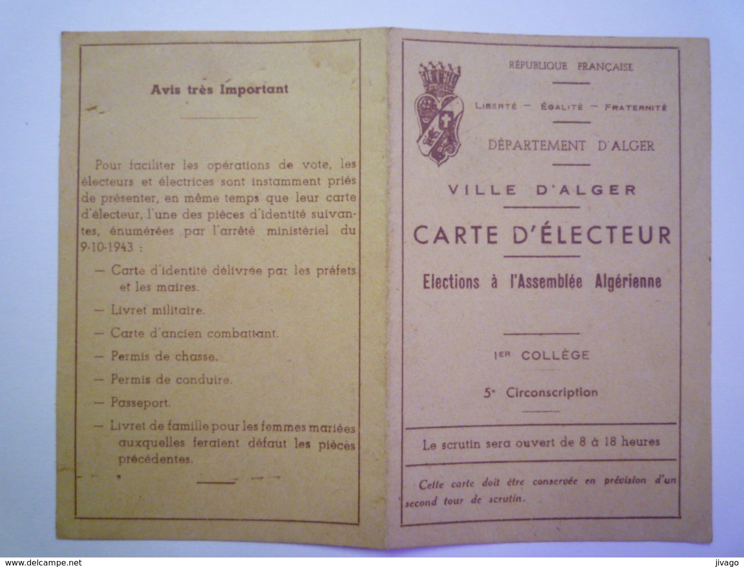 2020 - 5114  CARTE D'ELECTEUR  -  ALGER    Elections à L'Assemblée Algérienne  (Pierre CANCET BENQUE)   XXX - Zonder Classificatie