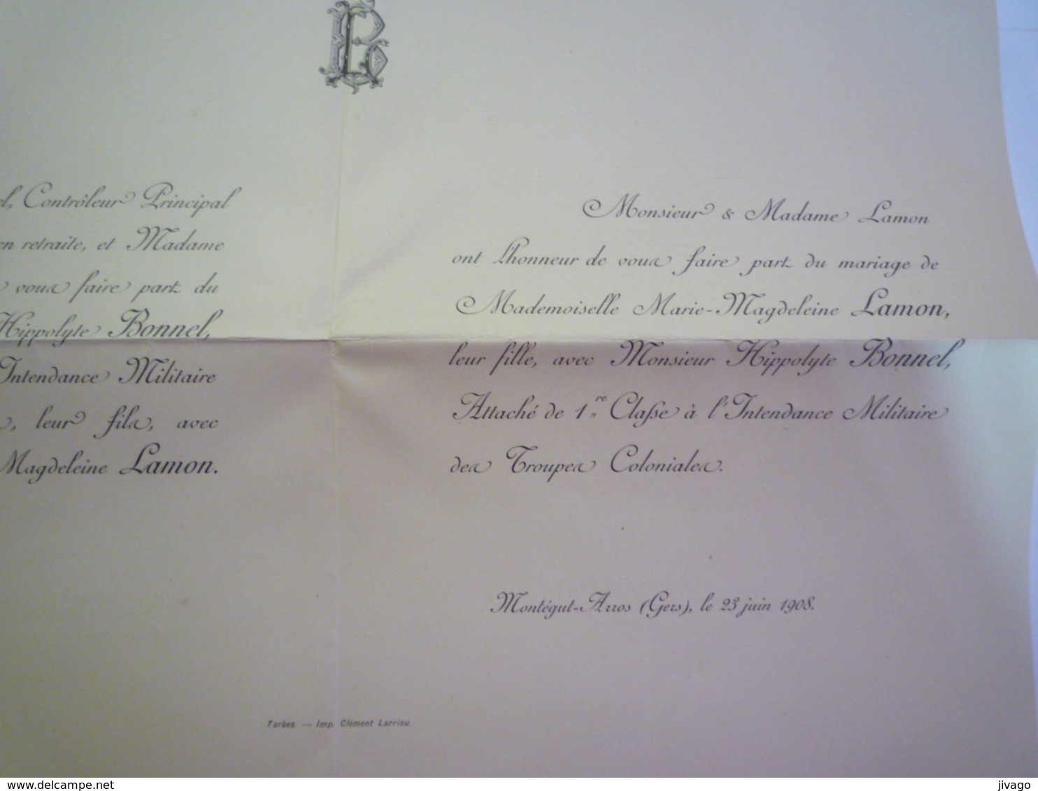 2020 - 5120  MONTEGUT-sur-ARROS  23 Juin 1908  :  FAIRE-PART De MARIAGE De Marie-Magdeleine LAMON Et H. BONNEL   XXX - Wedding
