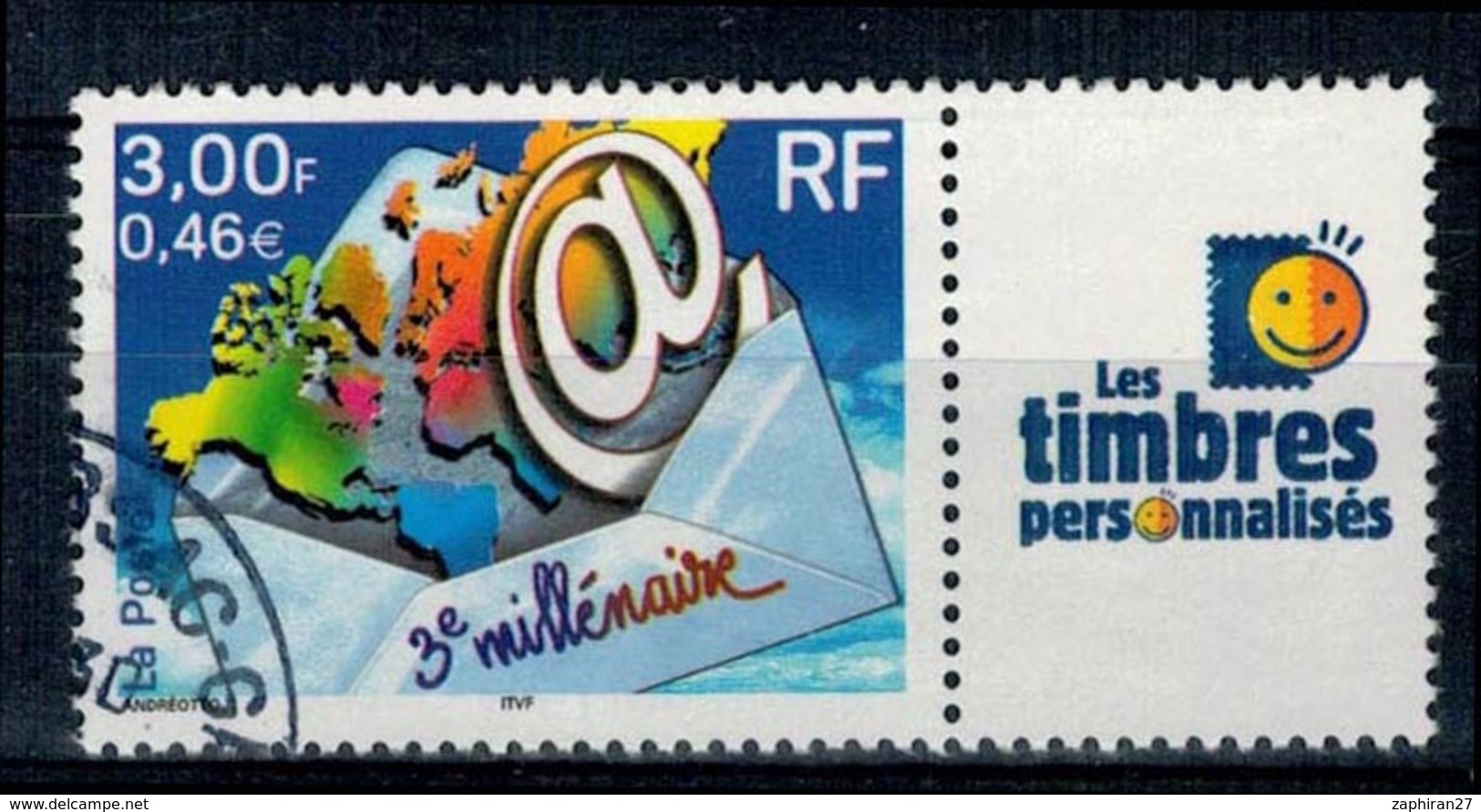 2000 N 3365A 3E MILLENAIRE VIGNETTE TIMBRE PERSO OBLITERE CACHET ROND #229# - Used Stamps