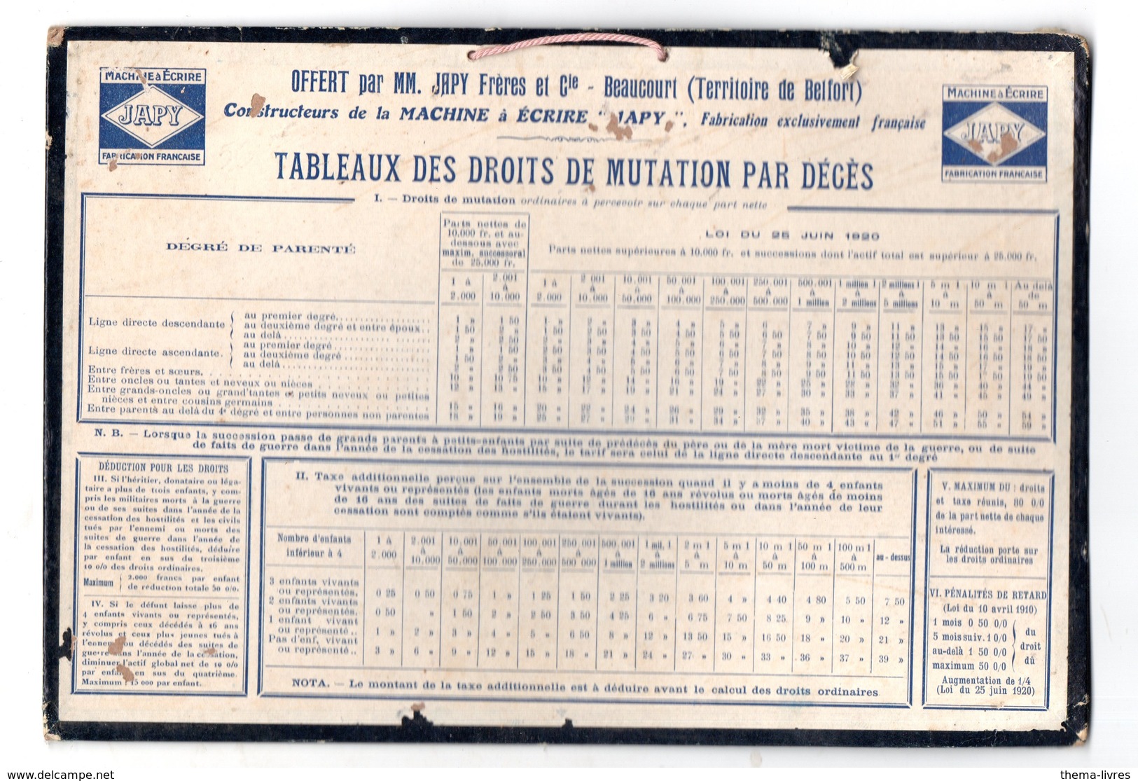 Beaucourt (90 Belfort) Et Paris: Carton JAPY Sur Les Droits De Donation / Succession C1920 ( PPP11830) - Advertising