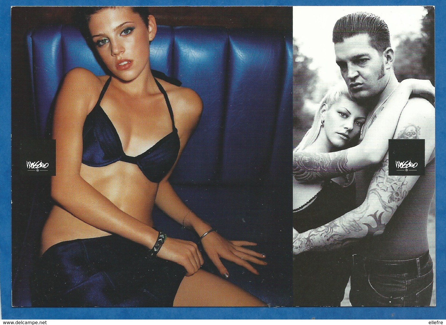 CPM Carte Publicitaire Lingerie Moschino - Femme Sexy Banquette Couple Tatouage Jeans - Mode