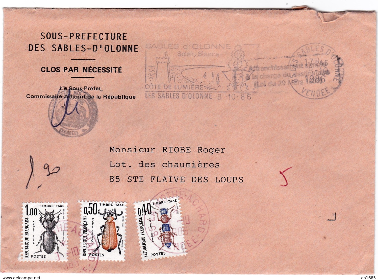 FRANCE : Divers Taxes  Insectes Sur Lettre Cachet Rouge De La Mothe Achard - 1859-1959 Cartas & Documentos