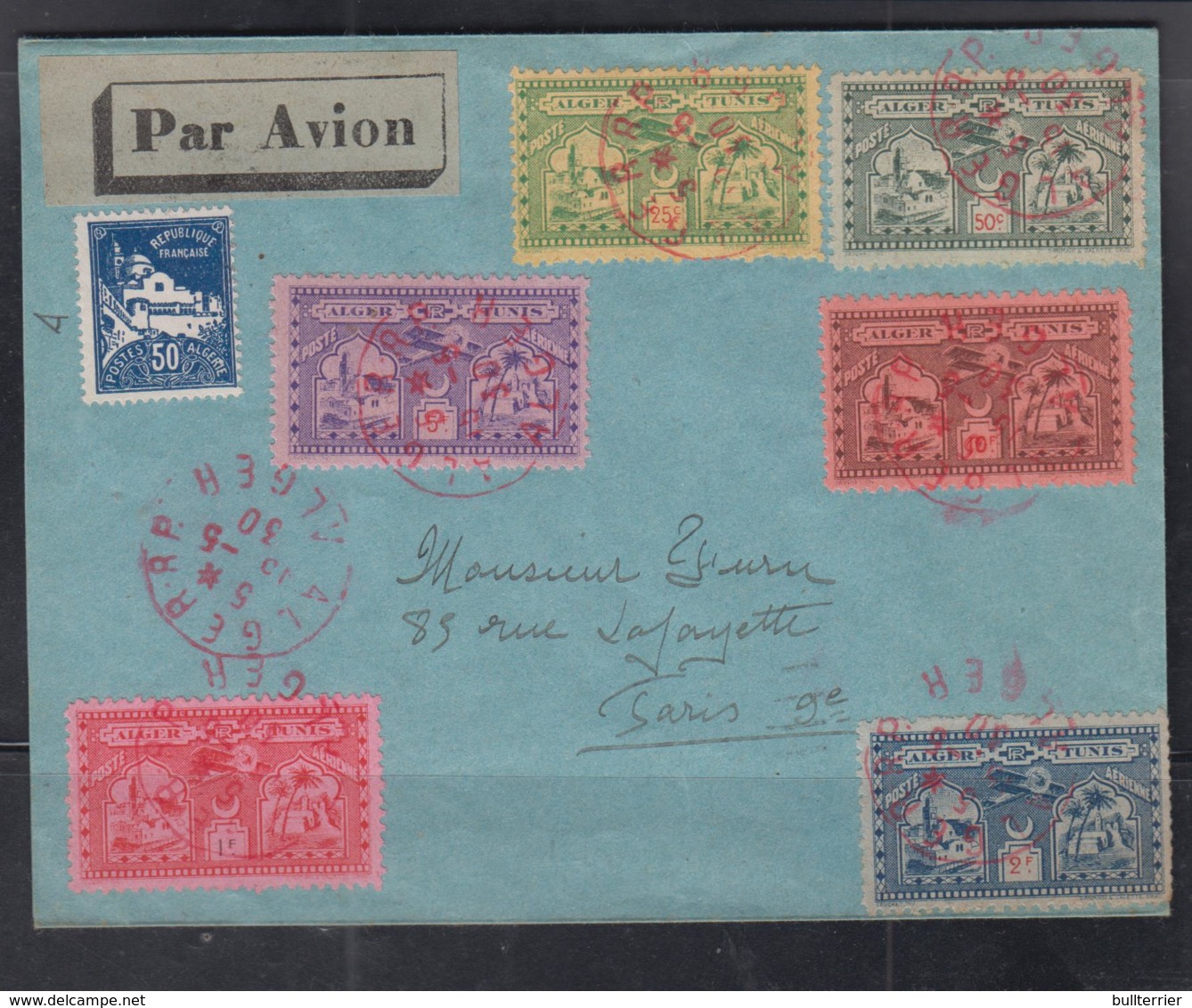 ALGERIA  - 1930 - AIRMAIL COVER WITH SET OF 6 ON COVER TO PARIS - Tunisie (1956-...)