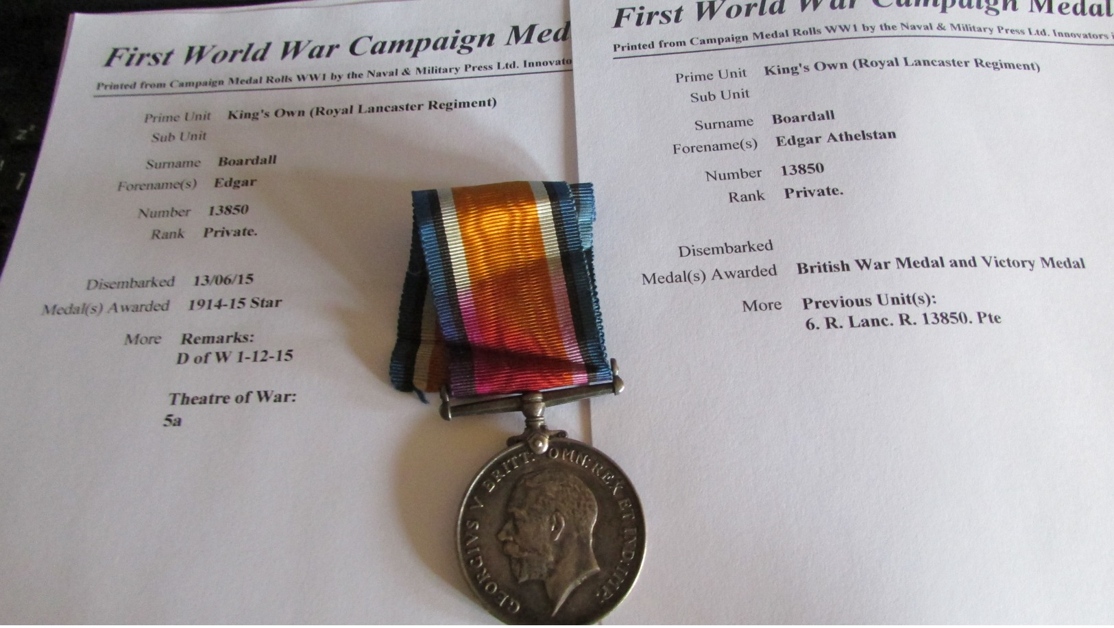WW1 British War Medal  Royal Lancaster Regt. Died Of Wounds 1915 - 1914-18