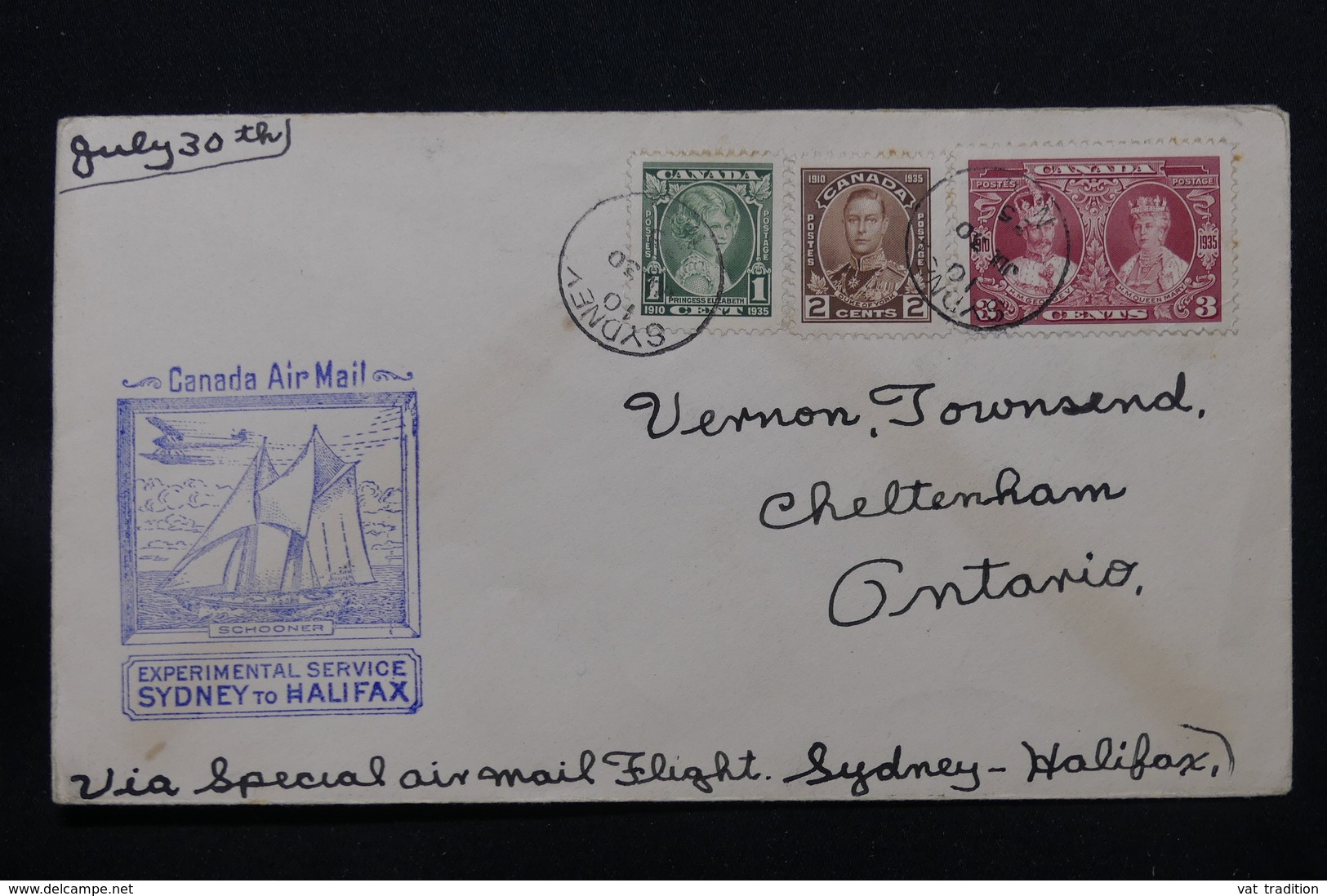 CANADA - Enveloppe Par 1er Vol Spécial Sydney / Halifax En 1935, Affranchissement Et Cachets Plaisants - L 58381 - Erst- U. Sonderflugbriefe