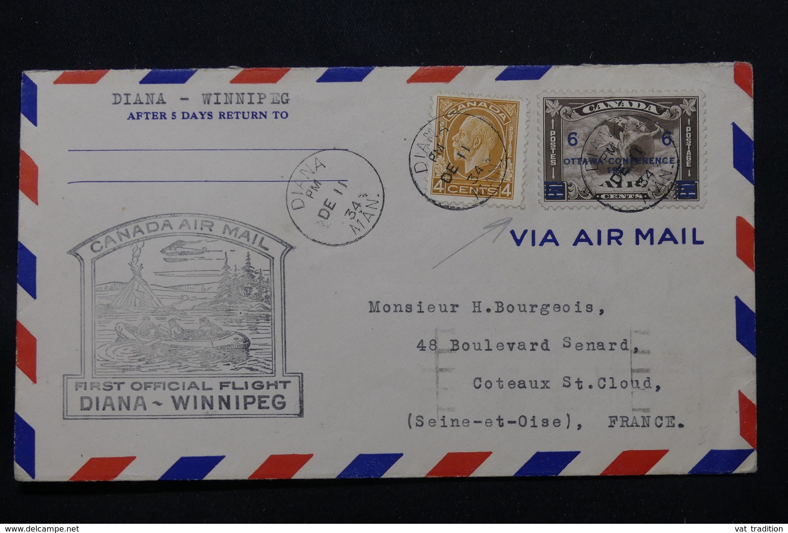 CANADA - Enveloppe Par 1er Vol Diana / Winnipeg En 1934, Affranchissement ( Surchargé ) Et Cachets Plaisants - L 58382 - Primeros Vuelos