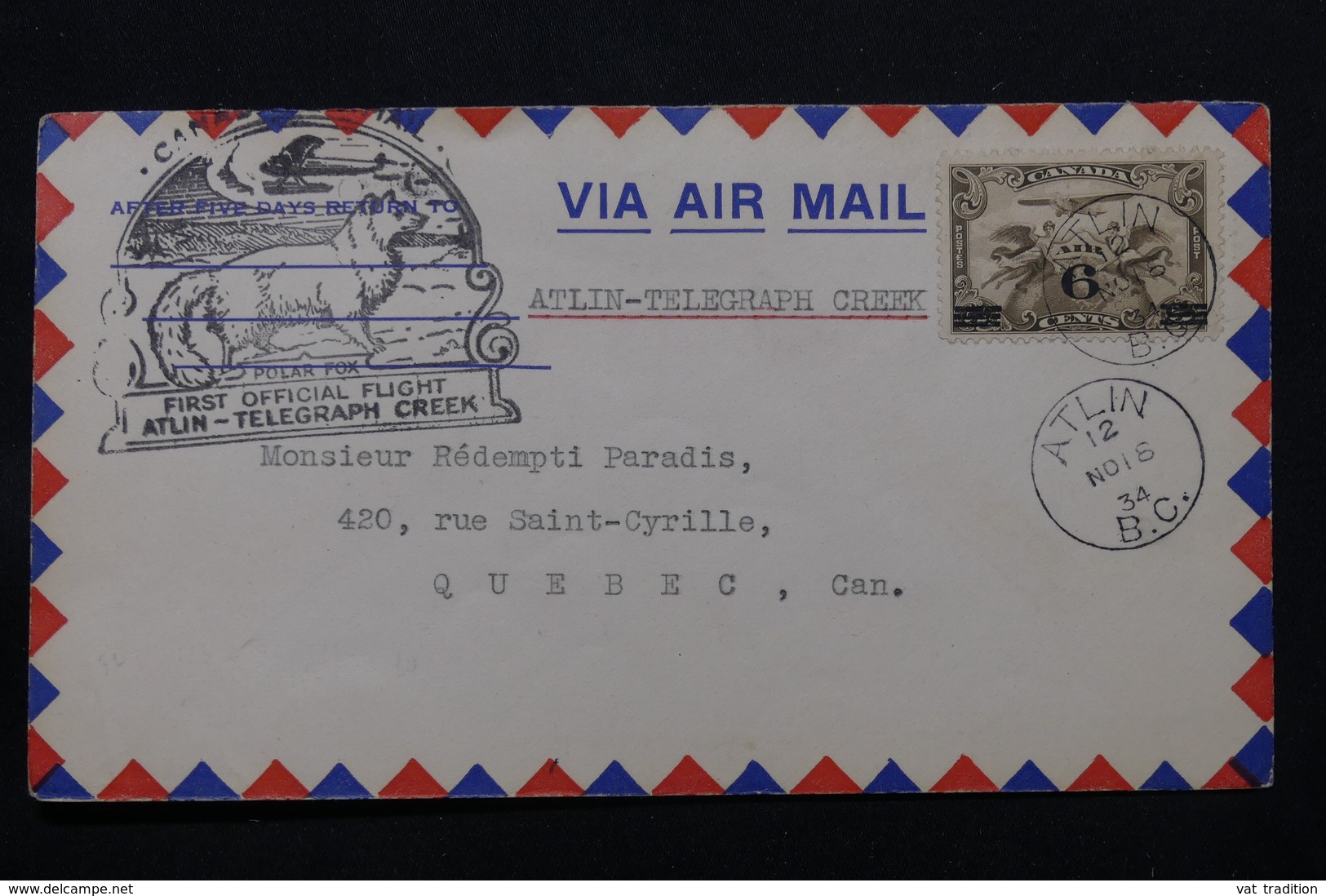 CANADA - Enveloppe Par 1er Vol Atlin / Télégraph Creek En 1934, Affranchissement Et Cachets Plaisants - L 58383 - Erst- U. Sonderflugbriefe