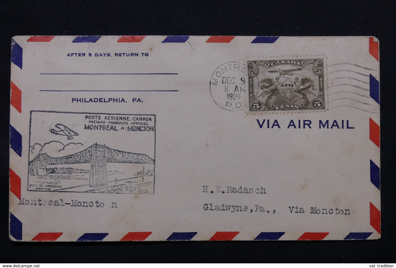 CANADA - Enveloppe Par 1er Vol Montreal / Moncton En 1929, Affranchissement Et Cachets Plaisants - L 58385 - First Flight Covers