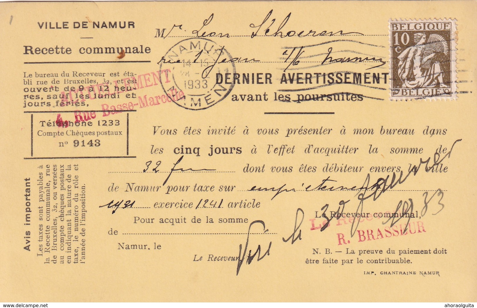 DDW 944  --  Carte Privée TP Cérès NAMUR 1933 - Entete Ville De Namur , Dernier Avertissement Avant Poursuites - 1932 Ceres E Mercurio
