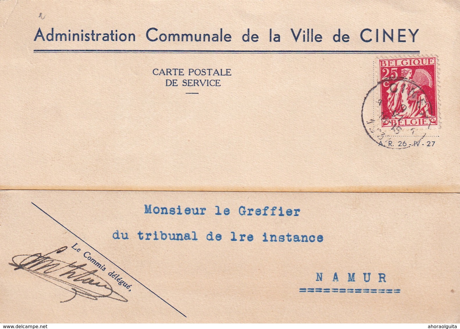 DDW 945  --  Carte Privée TP Cérès CINEY 1937 - Entete Et Cachet (verso) De La Ville De CINEY - 1932 Ceres And Mercurius