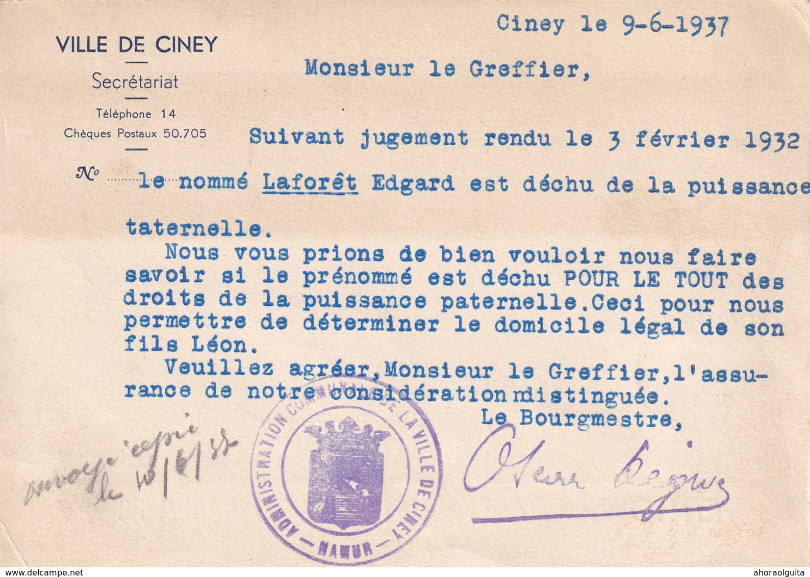 DDW 945  --  Carte Privée TP Cérès CINEY 1937 - Entete Et Cachet (verso) De La Ville De CINEY - 1932 Cérès Et Mercure