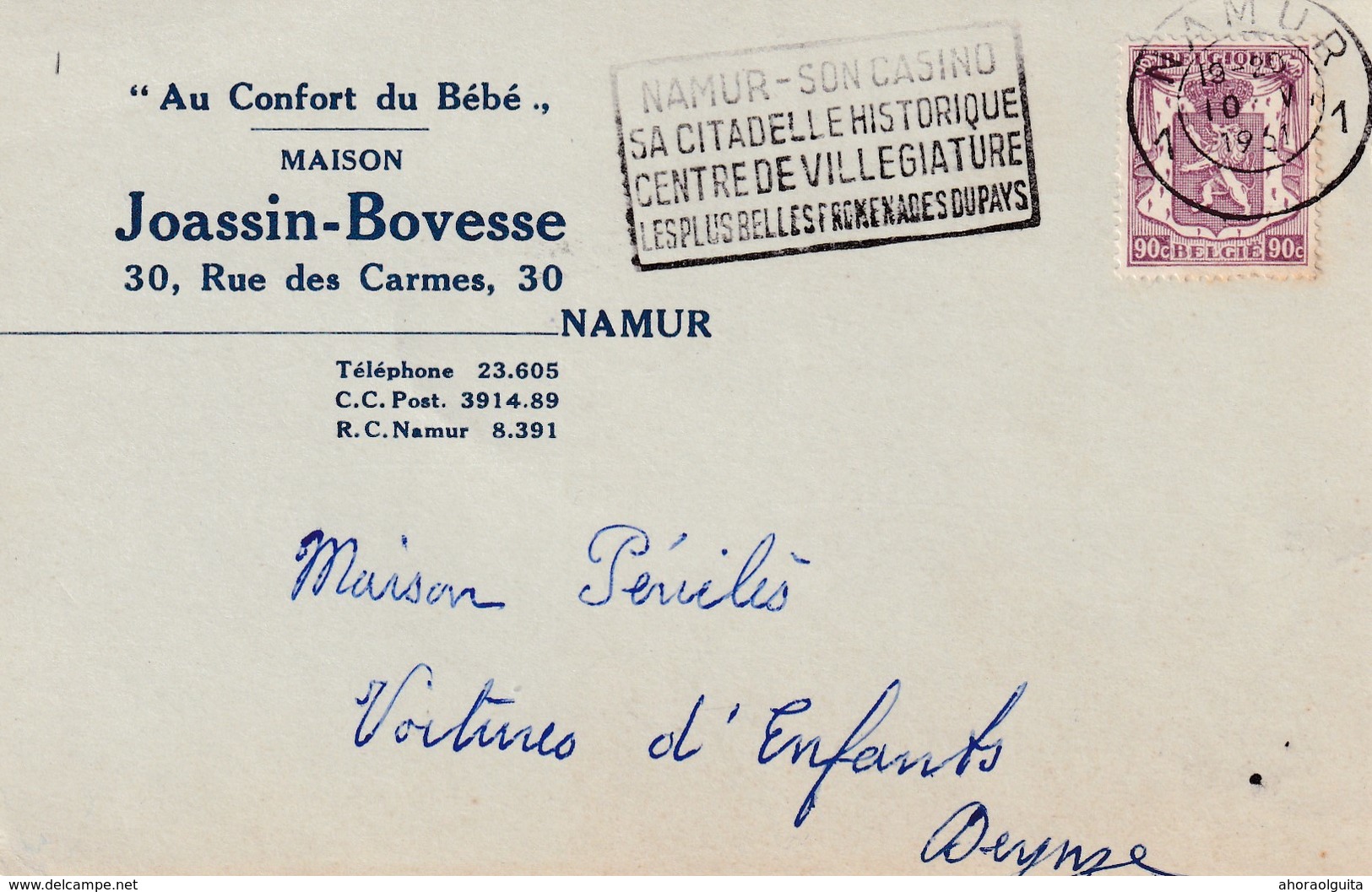 DDW 947  --  Carte Privée TP Petit Sceau NAMUR 1951 - Entete Au Confort Du Bébé , Maison Joassin-Bovesse - 1935-1949 Small Seal Of The State