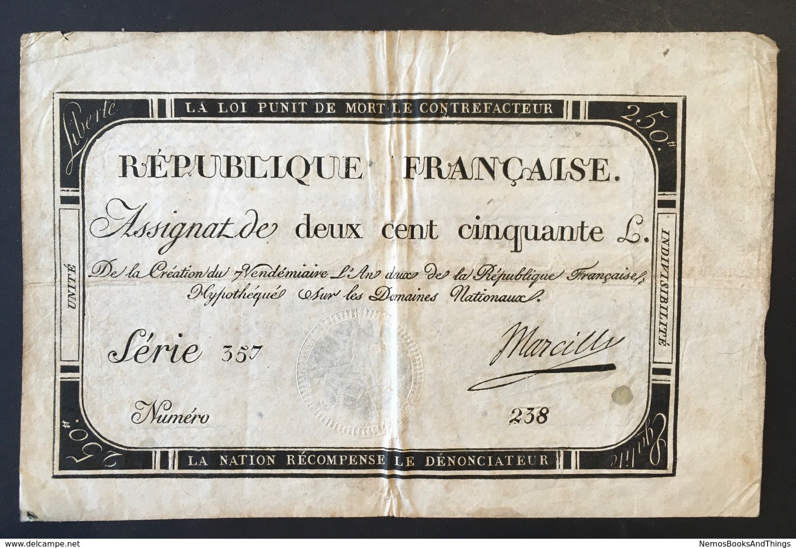 Assignat République Française - 250 - Deux Cent Cinquante Livres -  7 Vendémiaire L'an 2 - Serie 357 - N° 238 - Assignats & Mandats Territoriaux