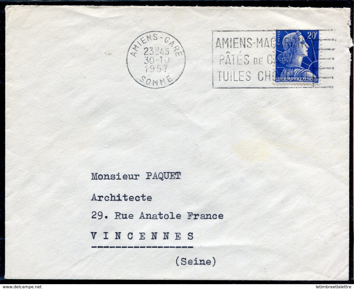 France - Marianne De Muller - Sur Lettre - N° 1011B - Amiens Gare - 1955-1961 Marianne De Muller