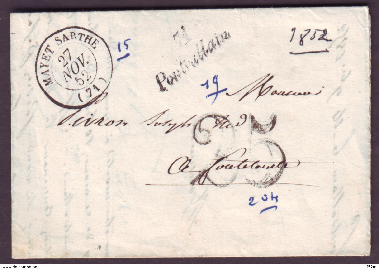 SARTHE - LAC - Cursive 71 Pontvallain + Tàd T15 Mayet Sarthe + Taxe DT 25 Pour Le Mans (71) - 1849-1876: Periodo Classico