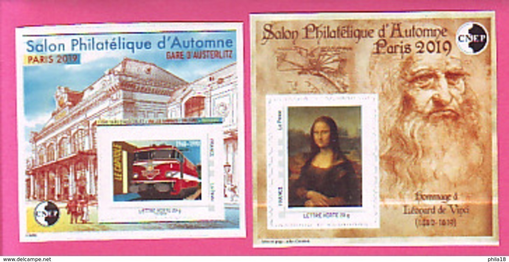 BLOCS CNEP SALON AUTOMNE 2019 N° 81 & 82  GARE AUSTERLITZ + HOMMAGE A LEONARD DE VINCI JOCONDE TP ADHESIF LETTRE VERTE - CNEP