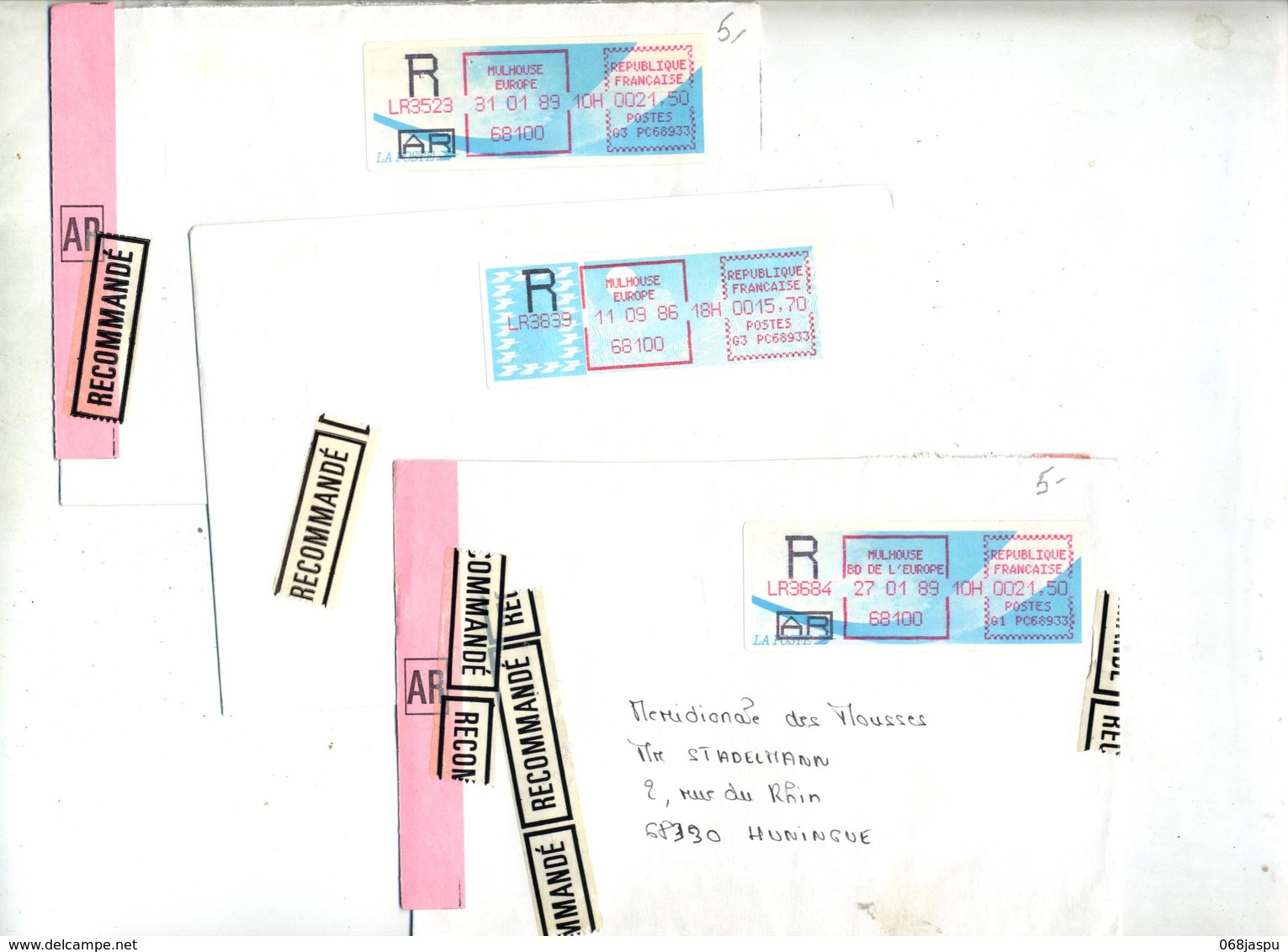 Lot 5 Lettres Recommandée Vignette Mulhouse - 1985 Papier « Carrier »