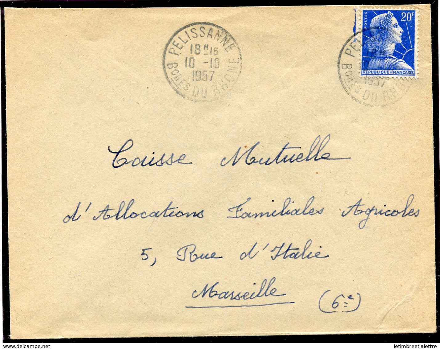 France - Marianne De Muller - Sur Lettre - N° 1011Bc - Oblitération Pelissanne - 1955-1961 Marianne Van Muller