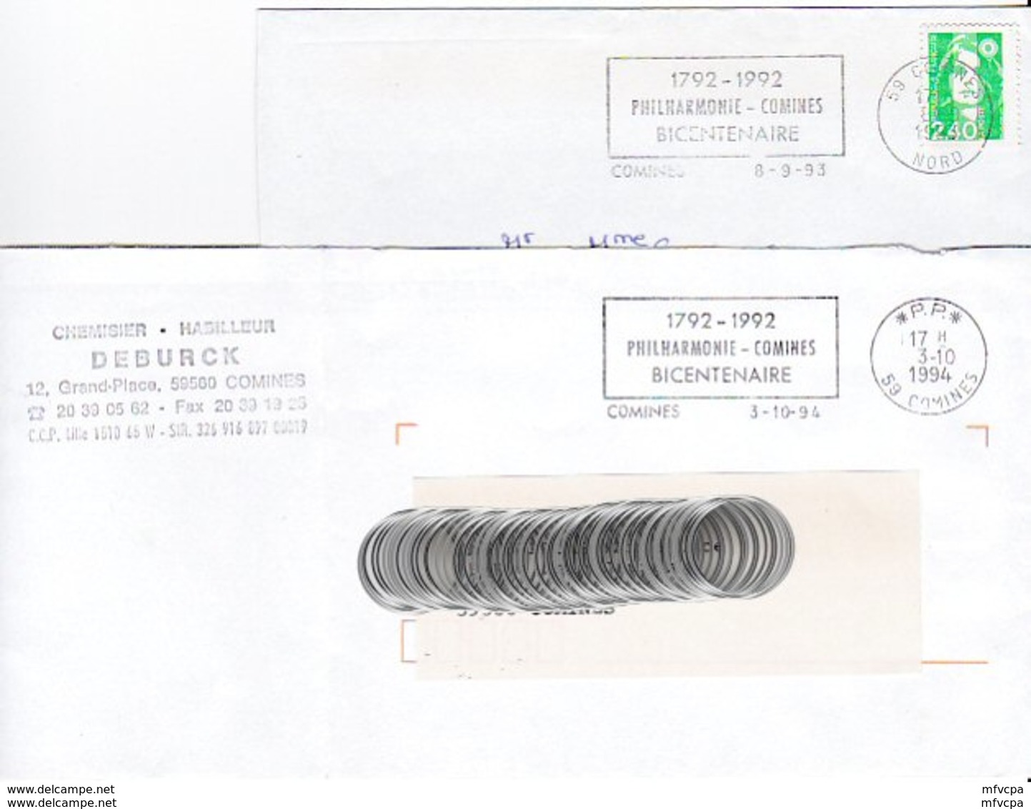 L4U225 NORD 2 Secap PP Comines Philarmonie Bi Centaine 1993 1994 / 2 Env.  Ent. - Oblitérations Mécaniques (flammes)