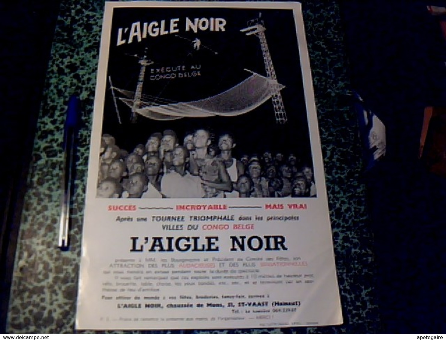 Affiche 20 X 35 Cm Belgique Spectacle "l'aigle Noir " De St Vaast En Tournée Au Congo Belge Annee 50? - Posters