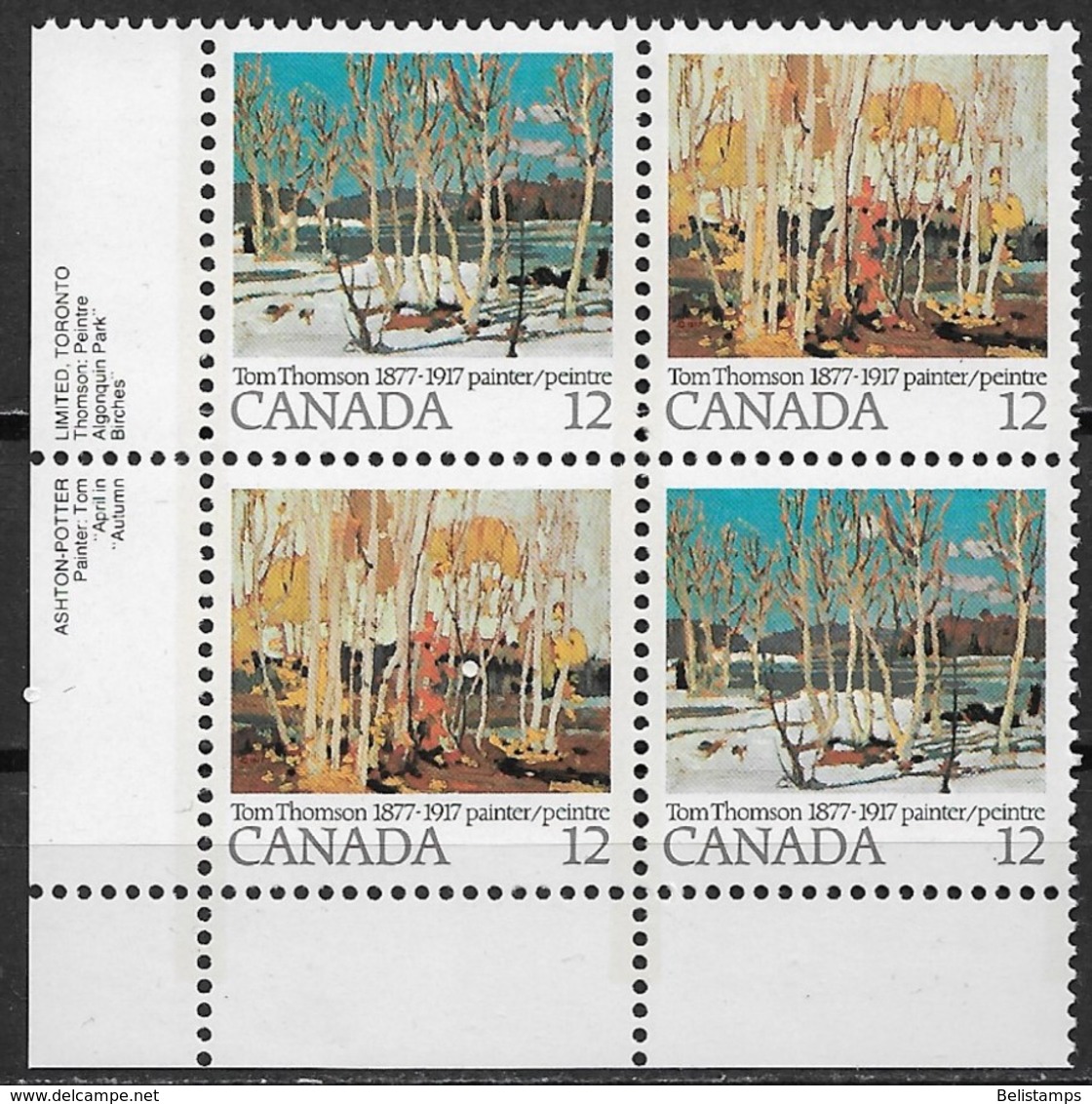 Canada 1977. Scott #733-4 Block (MNH) Paintings By Tom Tomson ** Complete Set - Unused Stamps