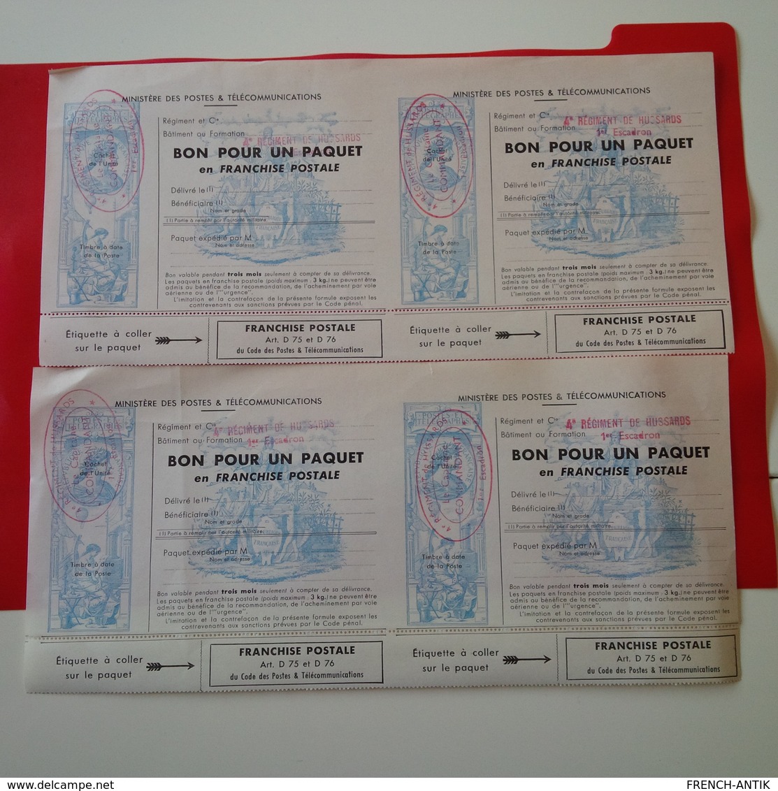 4 BON POUR UN PAQUET EN FRANCHISE POSTALE CACHET 4E REGIMENT DE HUSSARDS 1ER ESCADRON LE CAPITAINE - Military Postage Stamps