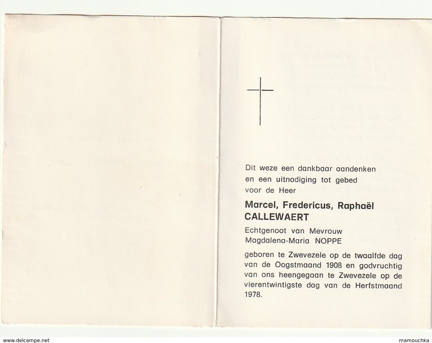 Doodsprentje Marcel Fredericus Raphaël CALLEWAZERT Echtg. Magdalena Maria Noppe Zwevezele 1908 - 1978 - Images Religieuses