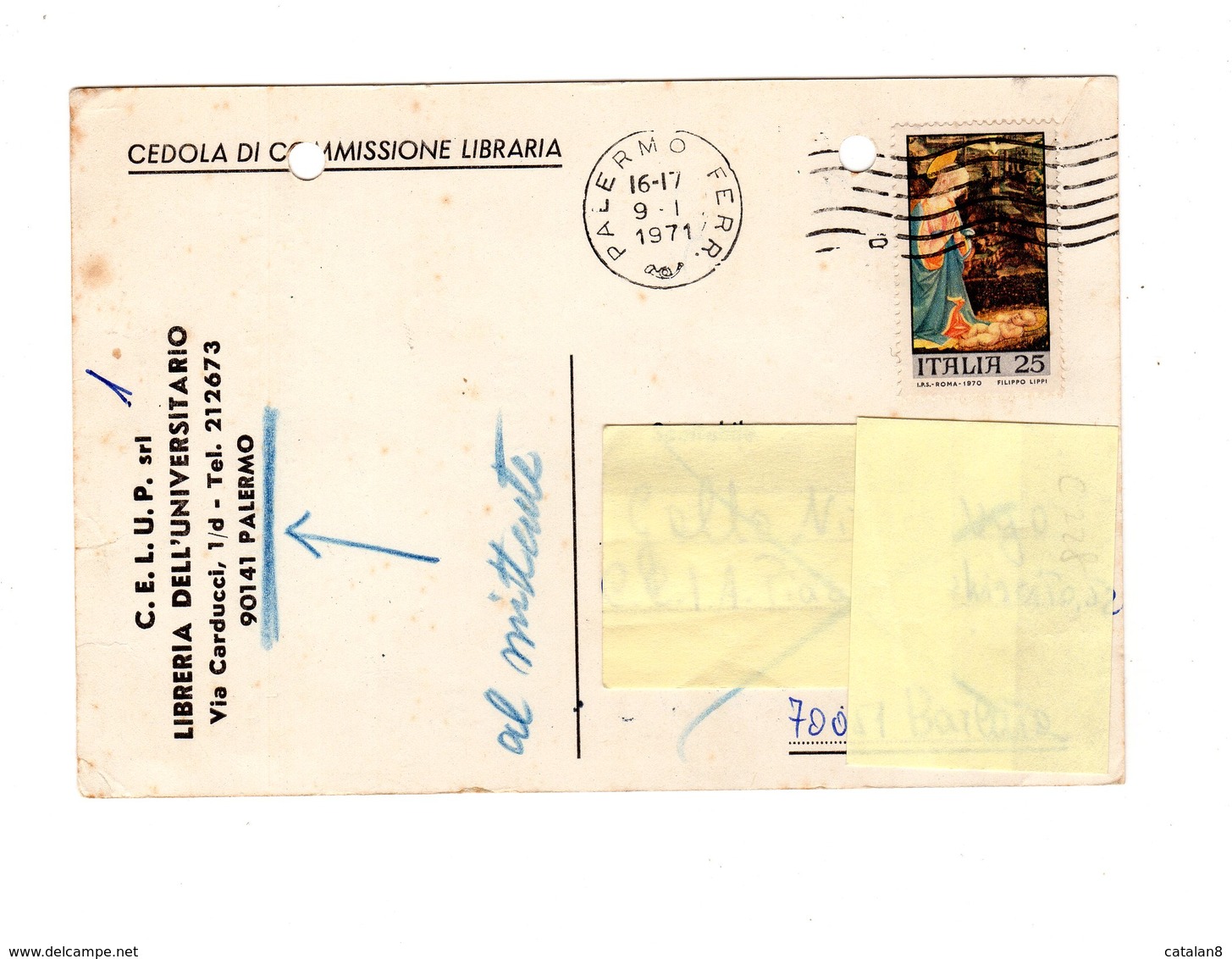 P0779 CEDOLA COMMISSIONE LIBRARIA CELUP LIBRERIA DELL' UNIVERSITARIO PALERMO NATALE L. 25 - 1971-80: Storia Postale