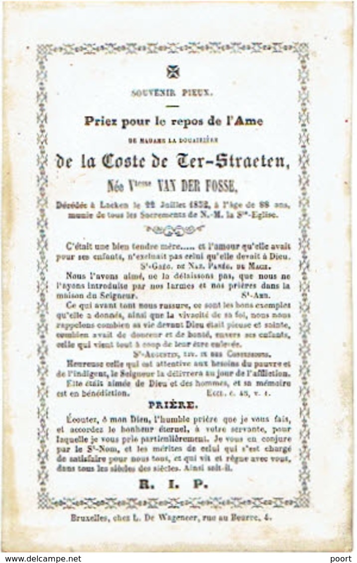 LAEKEN - Douairière De La COSTE De TER-STRAETEN - Née Vtesse VAN DER FOSSE - Décédée 1852 - Images Religieuses