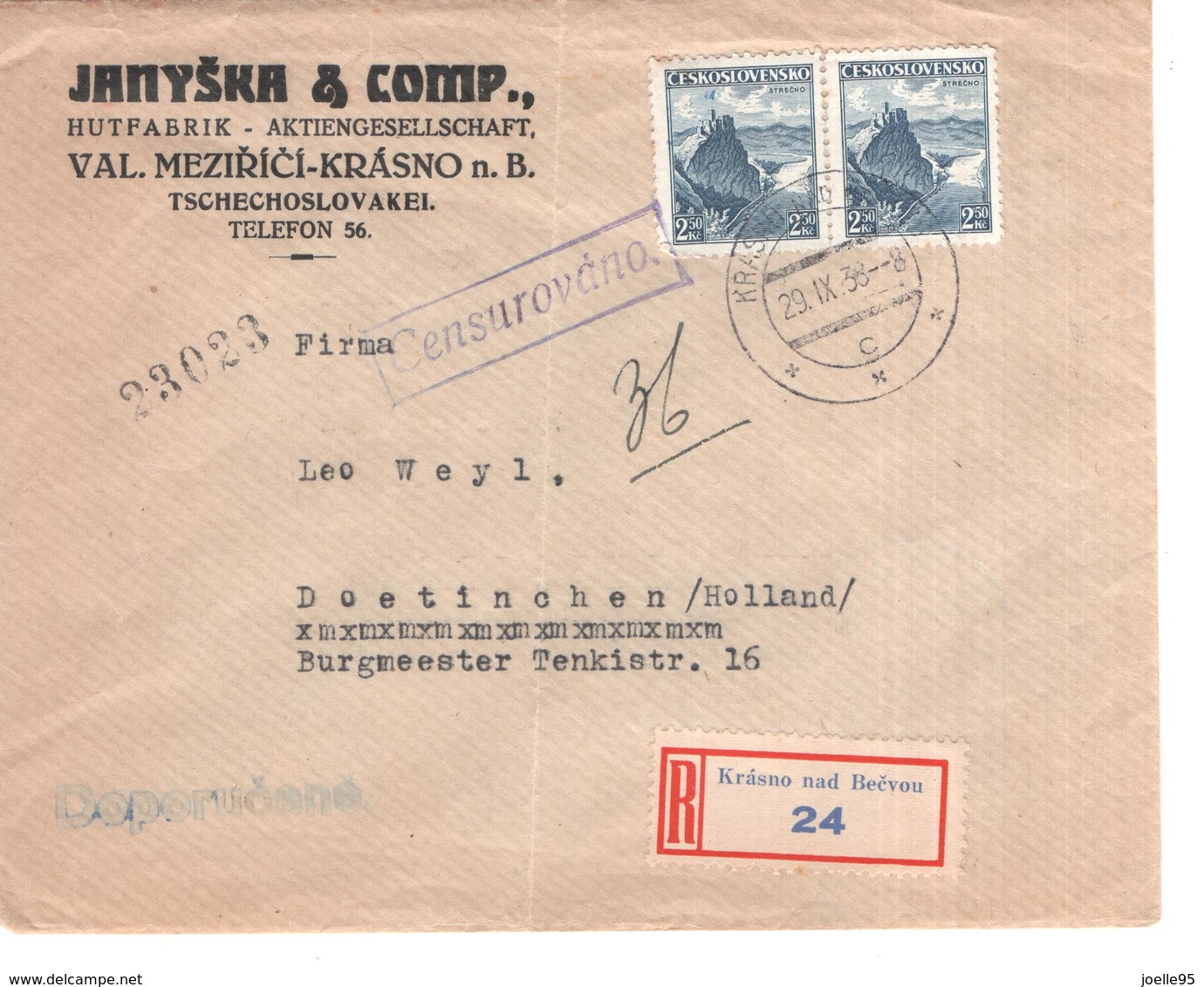 Entier Postal - Tsjechoslowakije - Janyska & Comp. Hutfabriek - Krasno Nad Becvou - Doporucane - Censurovano 1938 - Other & Unclassified