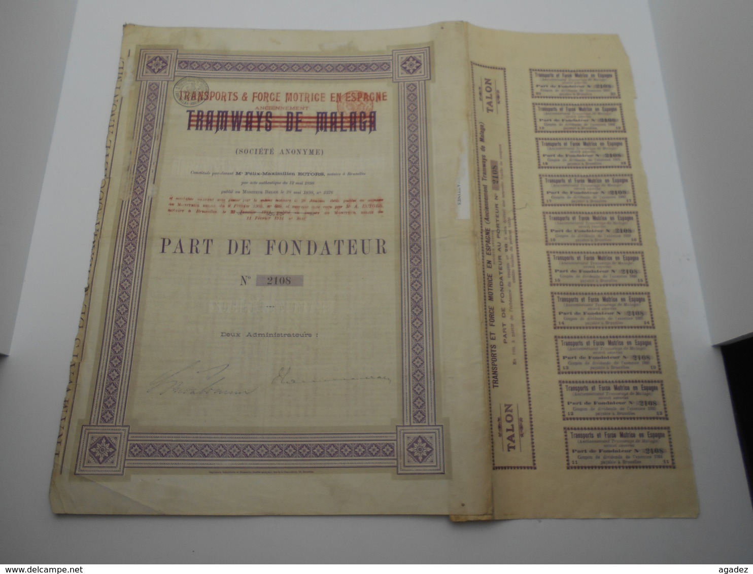 Part Fondateur " Transports Et Force Motrice En Espagne Anc Tramways De Malaga " 1898 Modifie En 1914 N°2108. - Chemin De Fer & Tramway