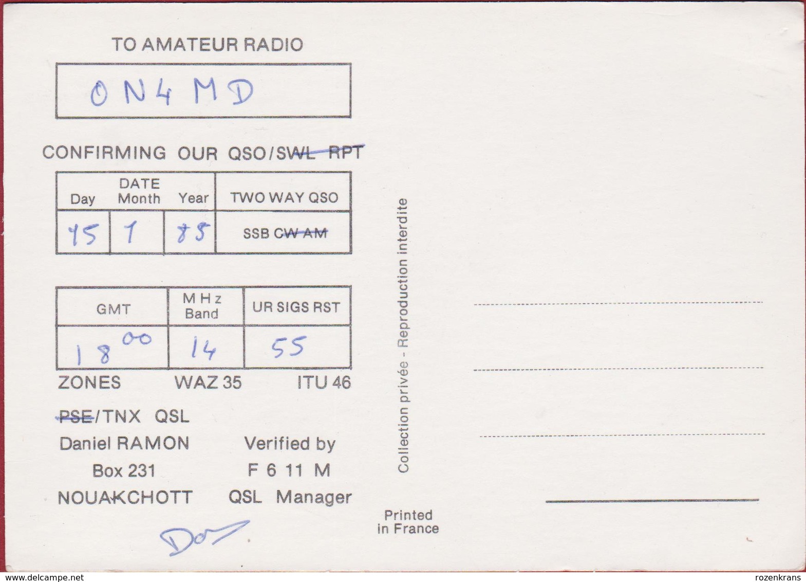 QSL Card Amateur Radio Station Funkkarte 1985 Republique Islamique De Mauritanie Nouakchott Mauritania Mauretanien - Radio Amateur