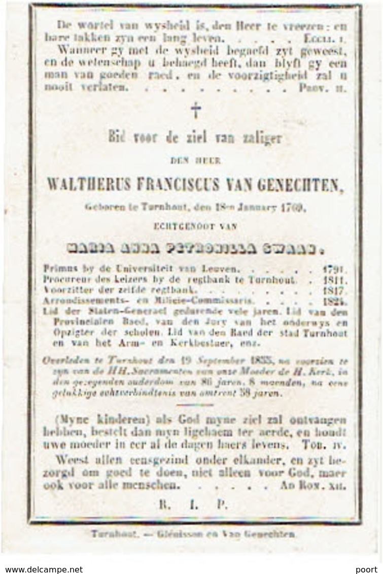 TURNHOUT - Waltherus VAN GENECHTEN - Echtgen. M.A. SWAAN - Procureur & Voorzitter Rechtbank Enz... - Overleden 1855 - Images Religieuses