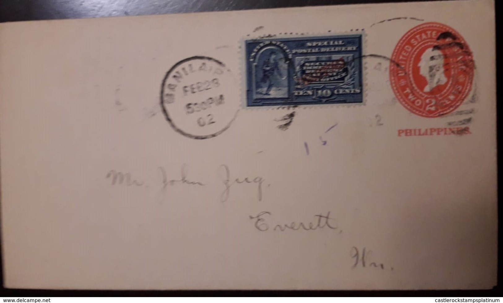 O) 1902 PHILIPPINES. US OCCUPATION, AIR POST SPECIAL DELIVERY - MESSENGER RUNNING 10c, WASHINGTON 2c POSTAL STATIONERY, - Filippijnen