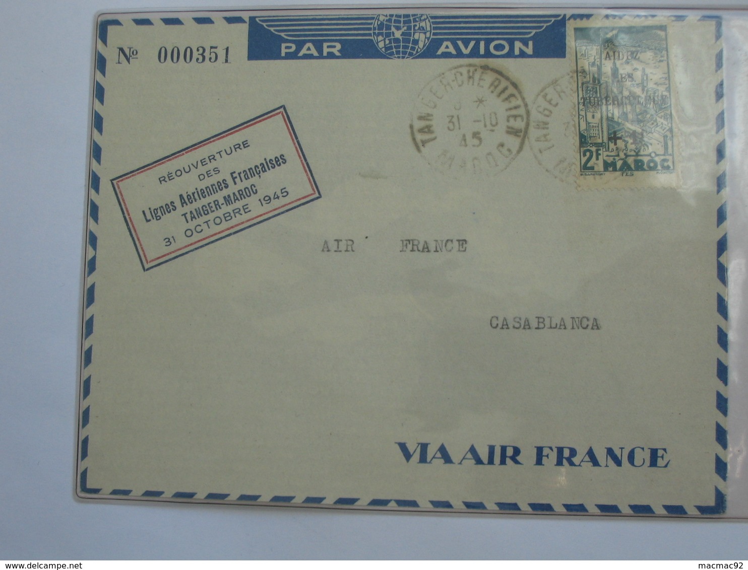 Enveloppe AIR FRANCE - Réouverture Des Lignes Aériennes Francaises - TANGER-MAROC 1945  **** EN ACHAT IMMEDIAT **** - Premiers Vols