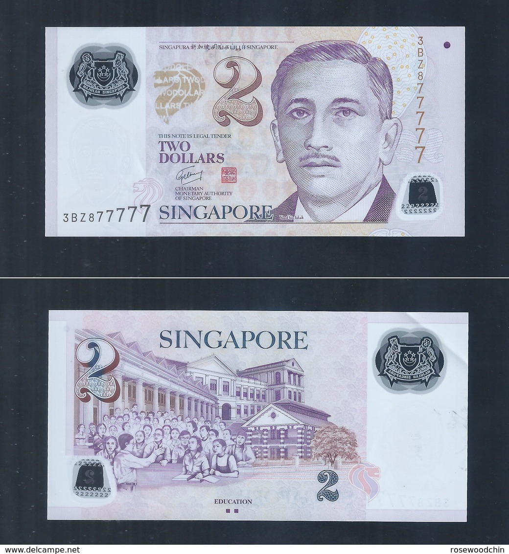 Banknote - AU Repeater Lucky Number Singapore $2 Banknote 3BZ877777 (#168) - Singapore