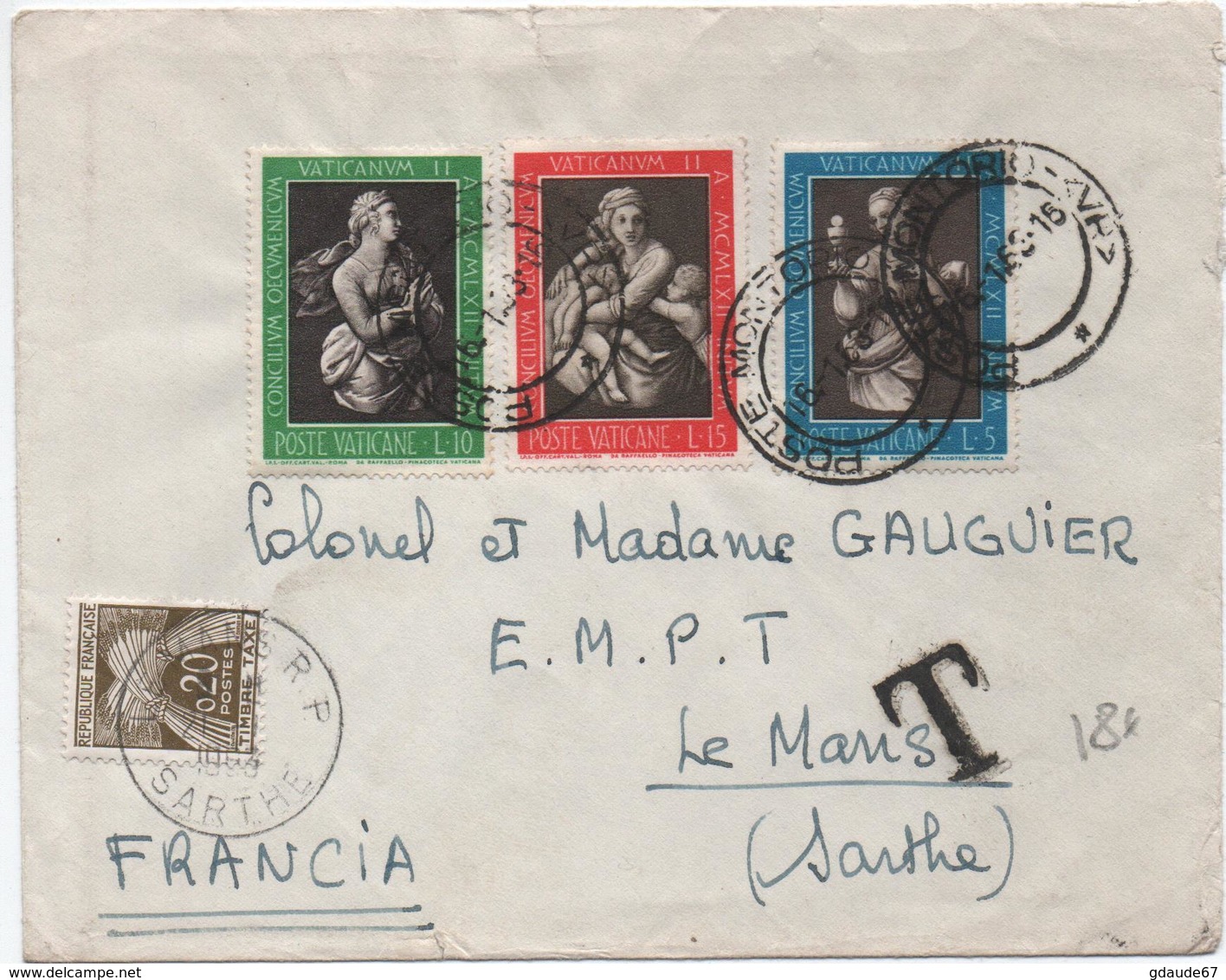 VATICAN / POSTE VATICANE - 1963 - ENVELOPPE Avec TàD POSTE MONTORIO Pour LE MANS (SARTHE) Avec TAXE GERBES - Cartas & Documentos