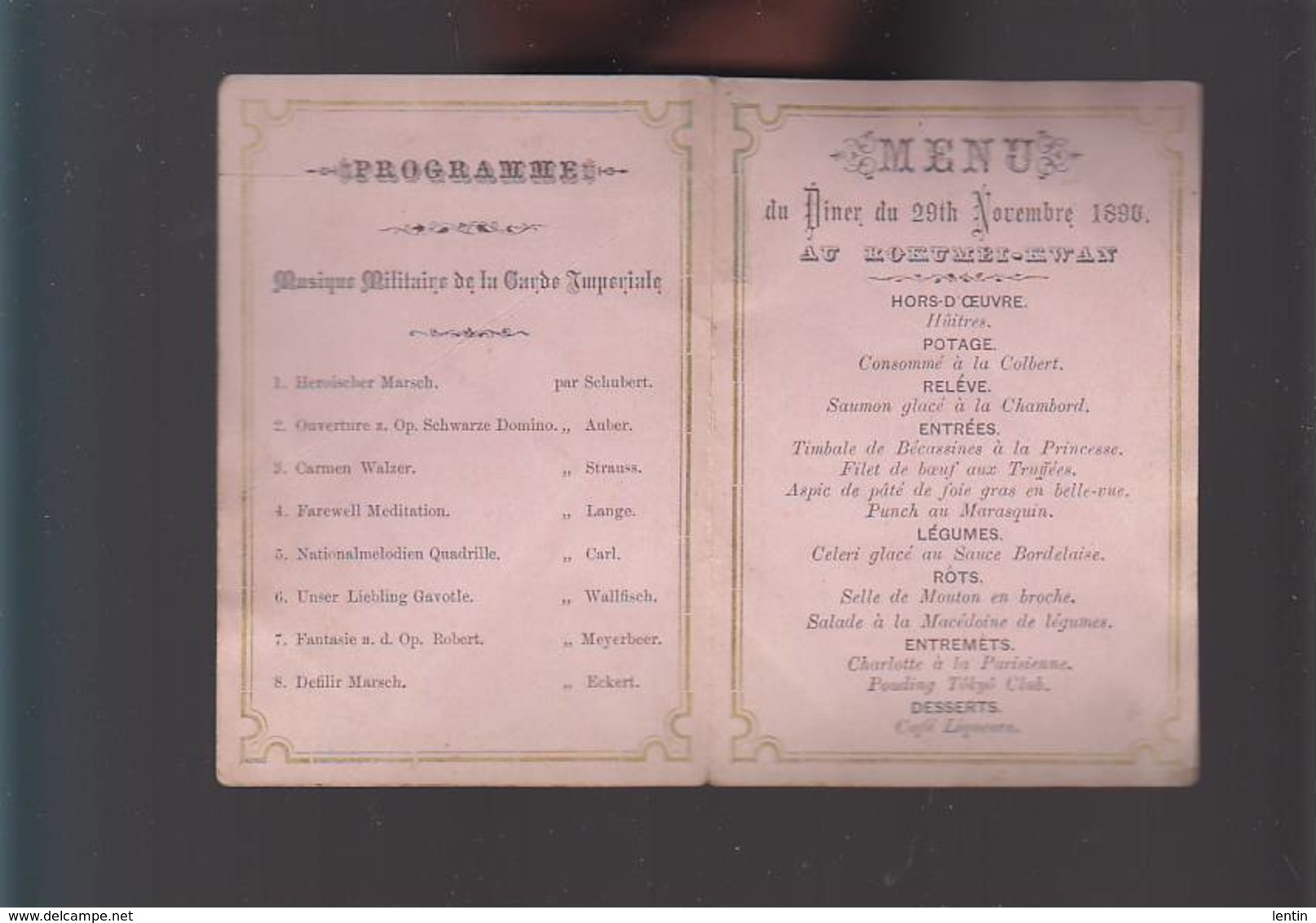 Menu/Programme Diner Nov 1890 / Musique Militaire Garde Impériale à Leur Colonel Par Membres Tokio-Club - Programs