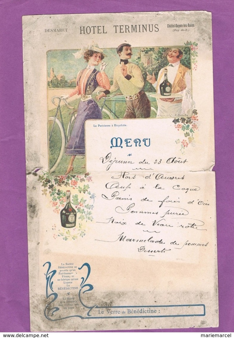 CHATEL-GUYON-LES-BAINS. DESMARET HOTEL TERMINUS. 2 MENUS BENEDICTINE. LA PARISIENNE A MONTMORENCY. - Menus