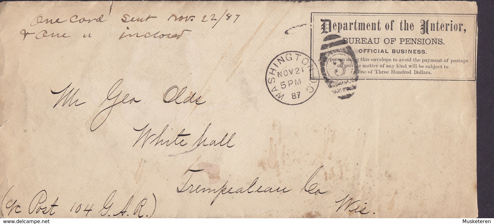 United States ARMY & NAVY SURVIVORS' Division Department Interior Bureau Pensions WASHINGTON 1887 Cover & Contents - Officials