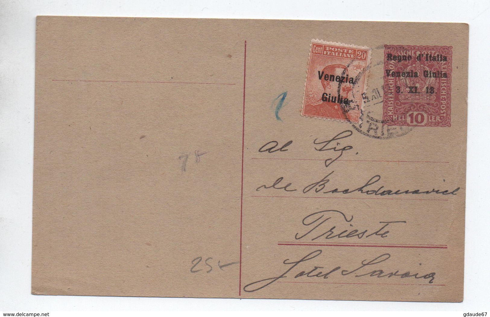 ENTIER POSTAL OSTERREICH Avec SURCHARGE REGNO D'ITALIA VENEZIA GIULIA 3 XI 18 Pour TRIESTE - Interi Postali